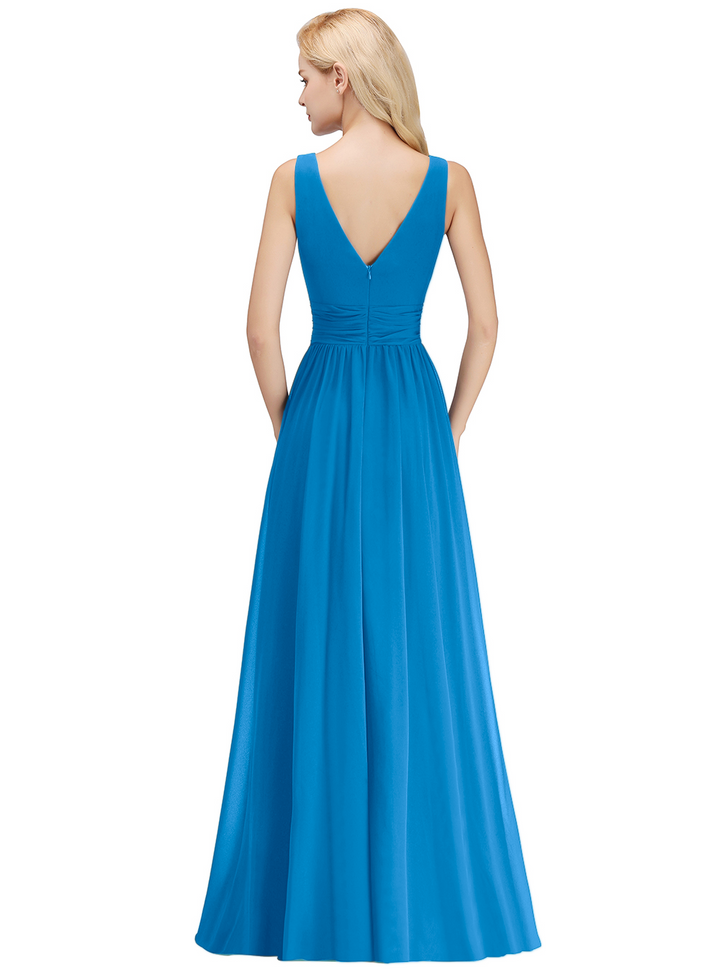 A-line V-Neck Ruched Chiffon Floor-Length Dress-koscy