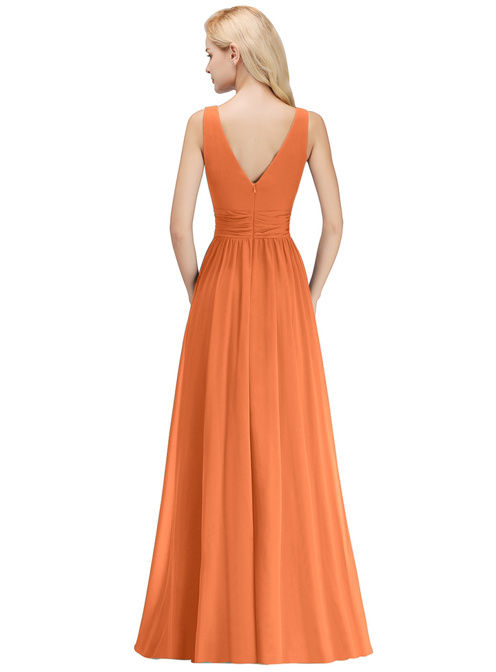 A-line V-Neck Ruched Chiffon Floor-Length Dress-koscy