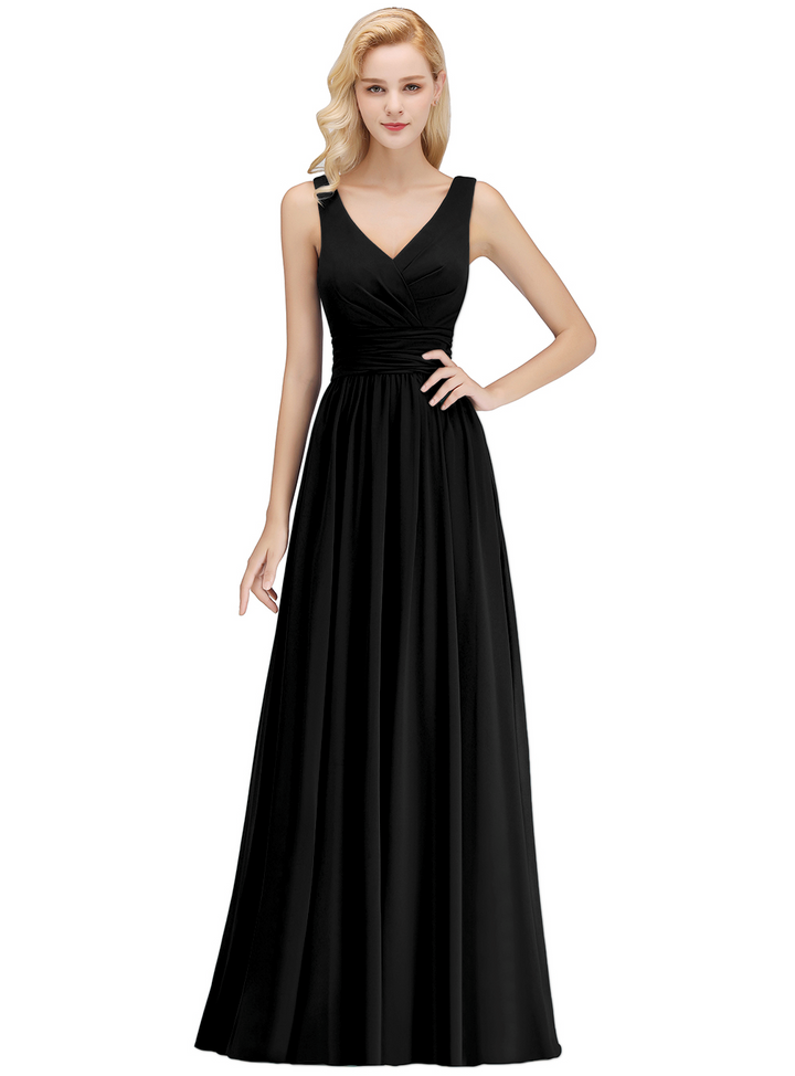 A-line V-Neck Ruched Chiffon Floor-Length Dress-koscy