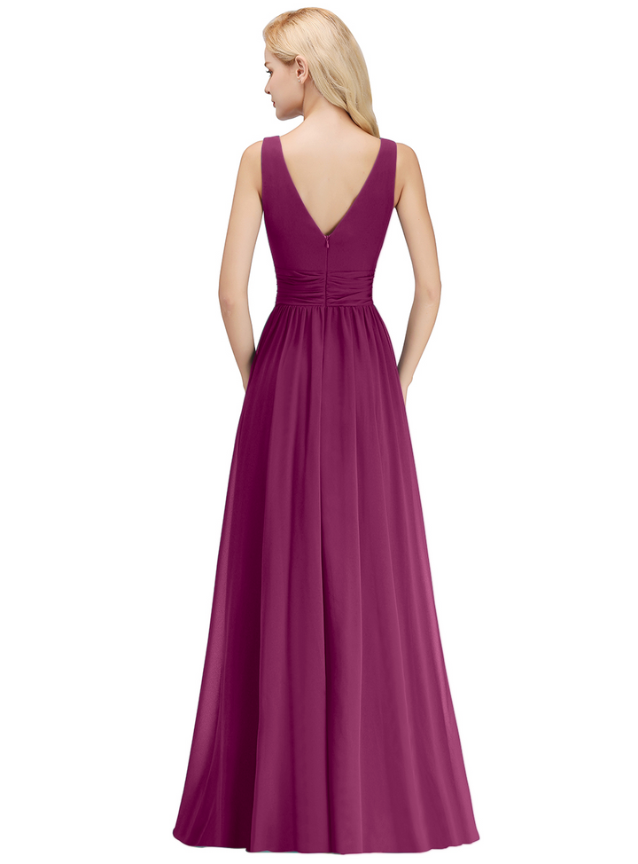 A-line V-Neck Ruched Chiffon Floor-Length Dress-koscy