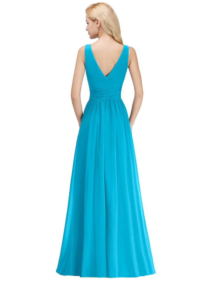 A-line V-Neck Ruched Chiffon Floor-Length Dress-koscy