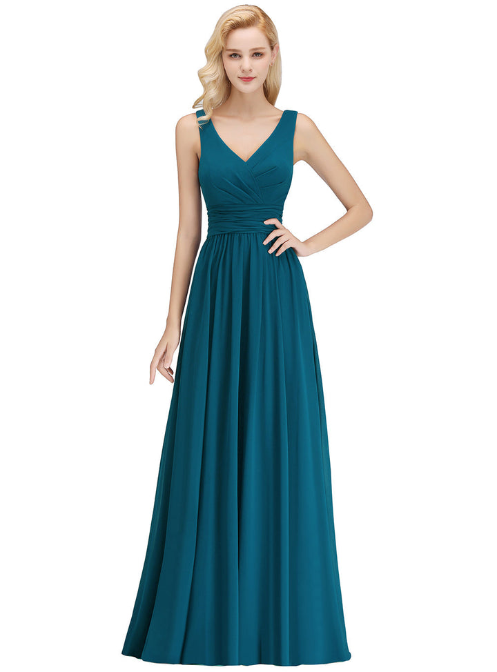 A-line V-Neck Ruched Chiffon Floor-Length Dress-koscy