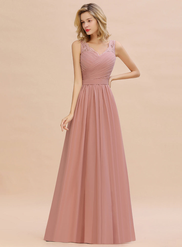 A-line V-Neck Ruched Chiffon Floor-Length Dress-koscy