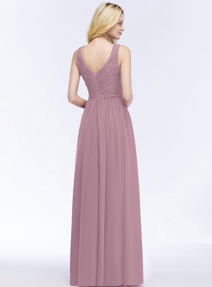 A-line V-Neck Ruched Chiffon Floor-Length Dress Burgundy-koscy