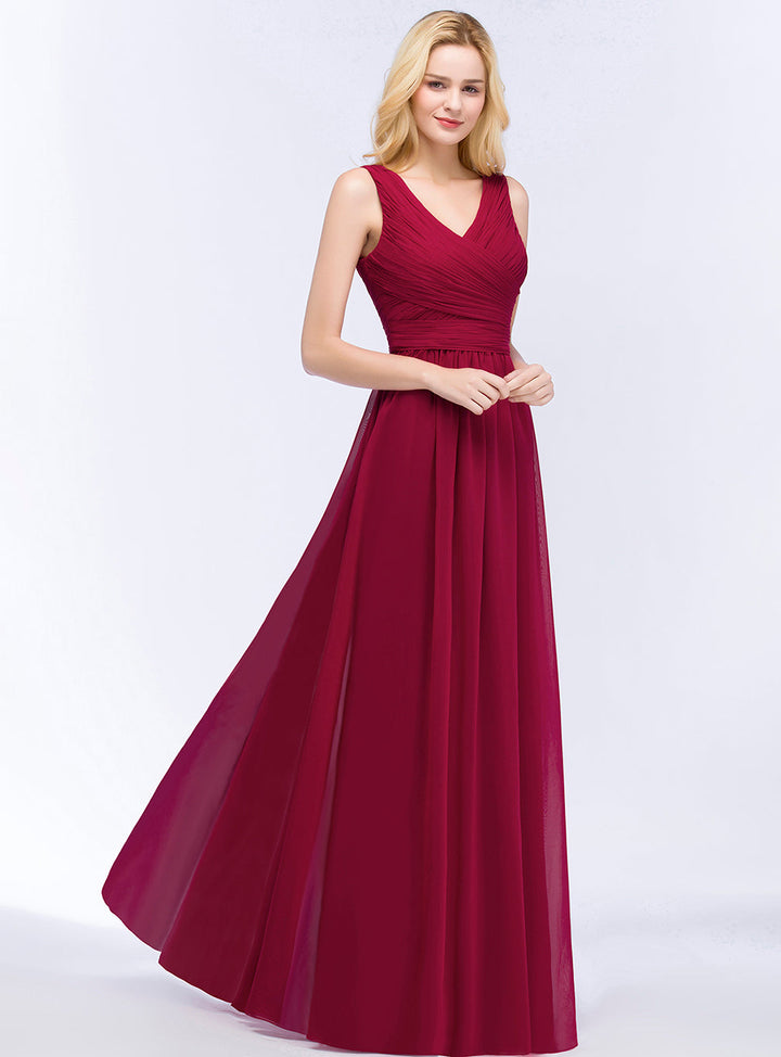 A-line V-Neck Ruched Chiffon Floor-Length Dress Burgundy-koscy