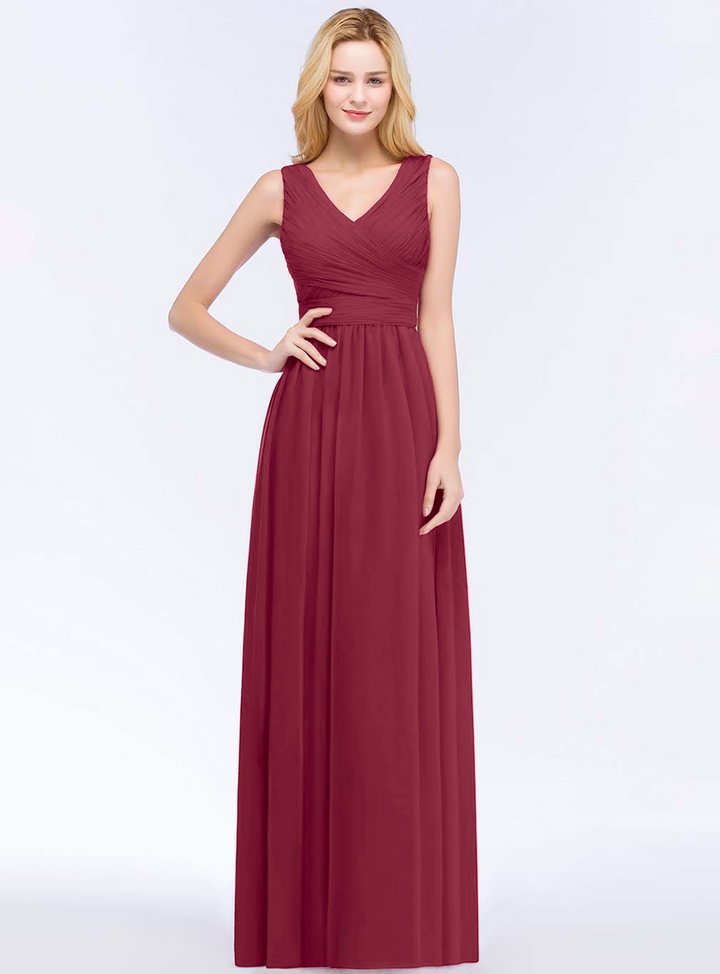 A-line V-Neck Ruched Chiffon Floor-Length Dress Burgundy-koscy