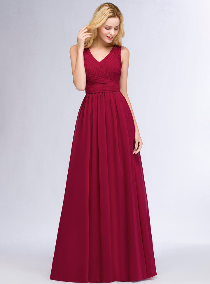 A-line V-Neck Ruched Chiffon Floor-Length Dress Burgundy-koscy