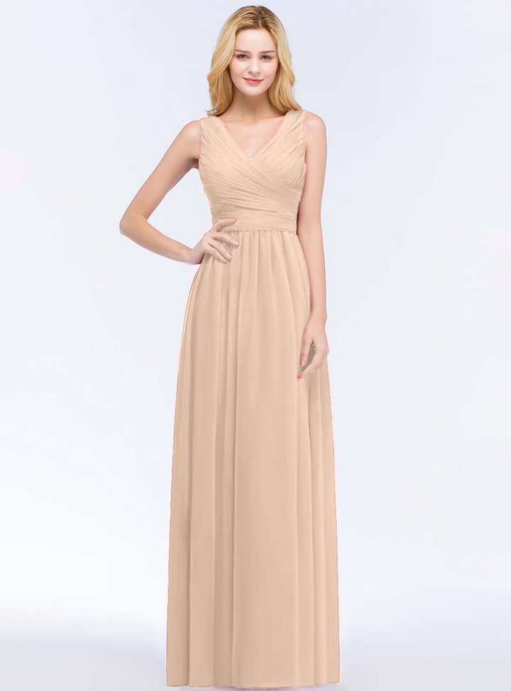 A-line V-Neck Ruched Chiffon Floor-Length Dress Burgundy-koscy