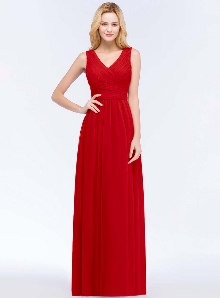 A-line V-Neck Ruched Chiffon Floor-Length Dress Burgundy-koscy