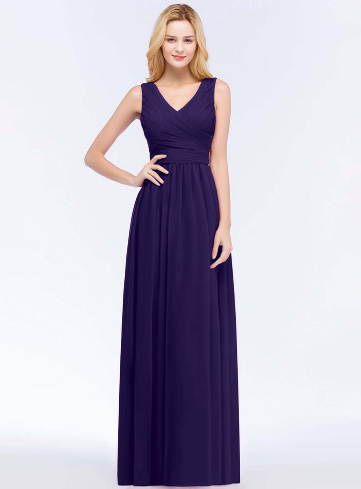 A-line V-Neck Ruched Chiffon Floor-Length Dress Burgundy-koscy