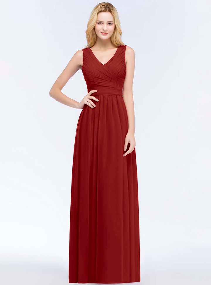 A-line V-Neck Ruched Chiffon Floor-Length Dress Burgundy-koscy