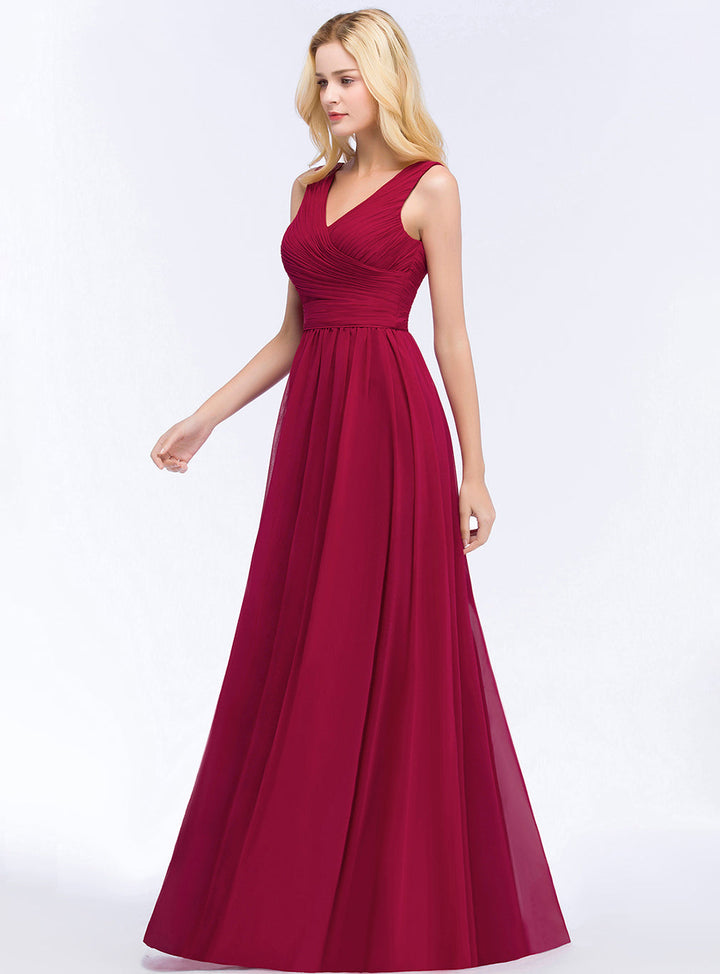 A-line V-Neck Ruched Chiffon Floor-Length Dress Burgundy-koscy