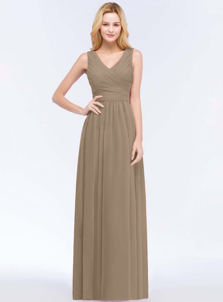 A-line V-Neck Ruched Chiffon Floor-Length Dress Burgundy-koscy