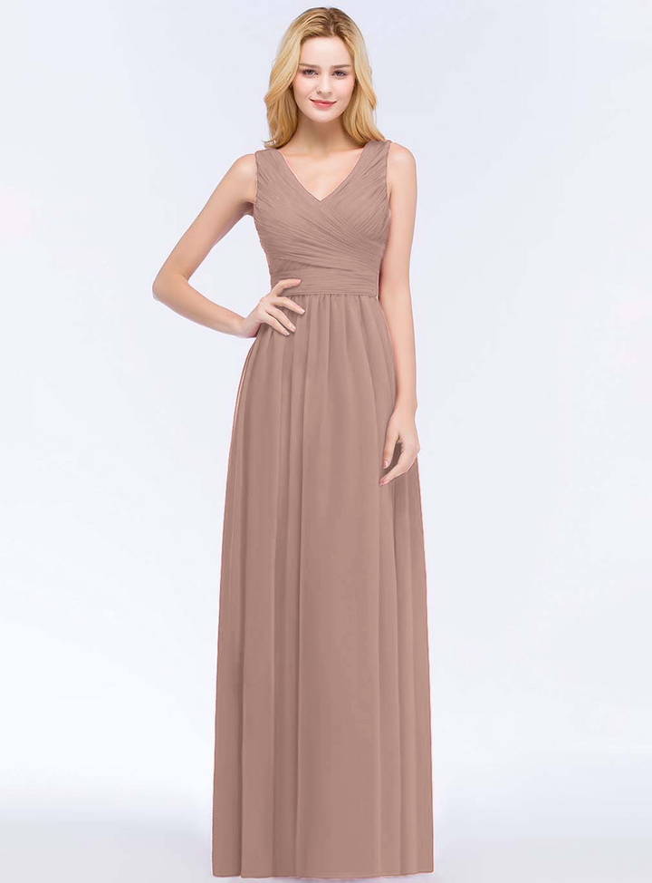 A-line V-Neck Ruched Chiffon Floor-Length Dress Burgundy-koscy