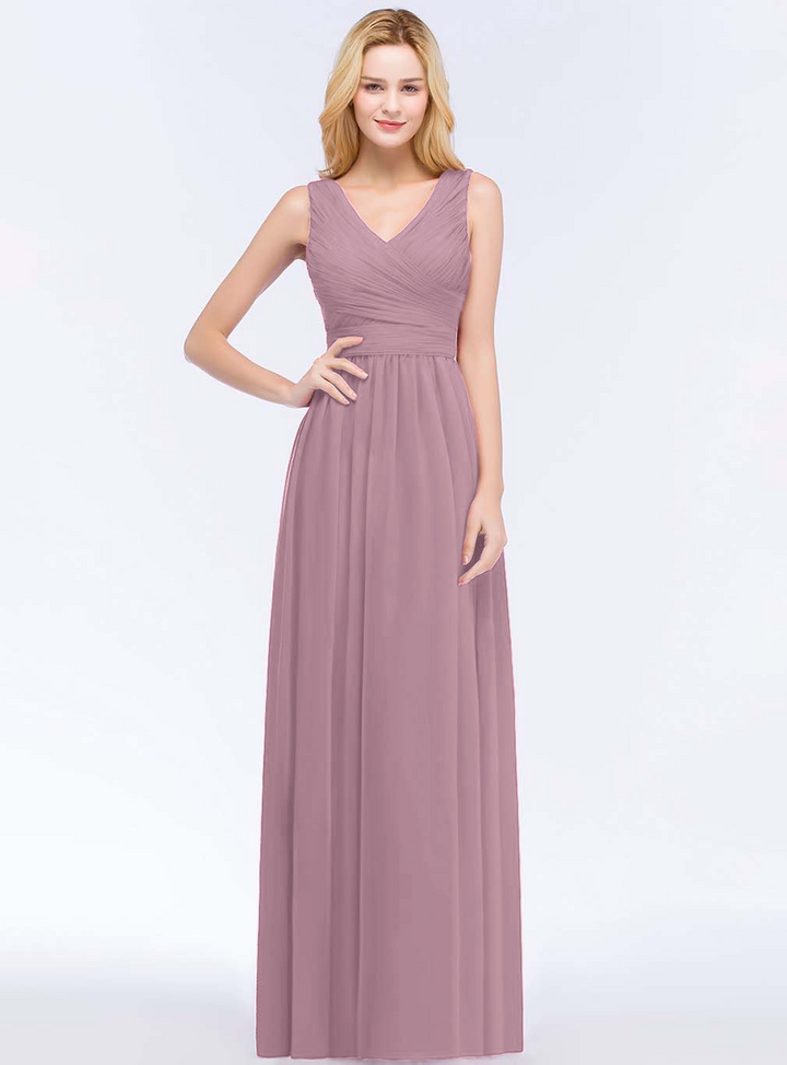 A-line V-Neck Ruched Chiffon Floor-Length Dress Burgundy-koscy