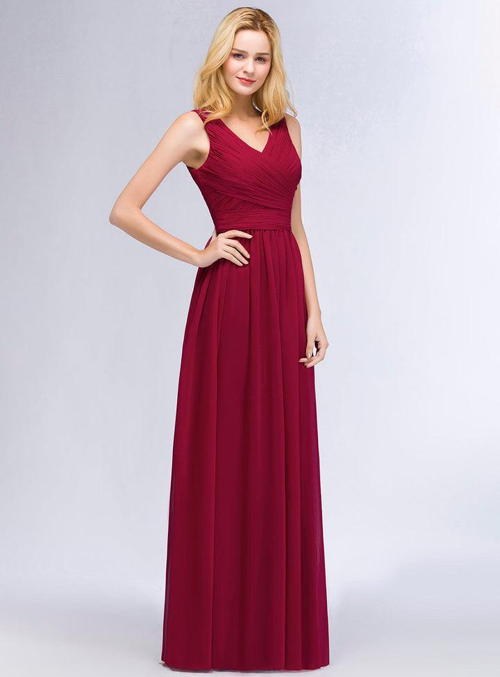 A-line V-Neck Ruched Chiffon Floor-Length Dress Burgundy-koscy