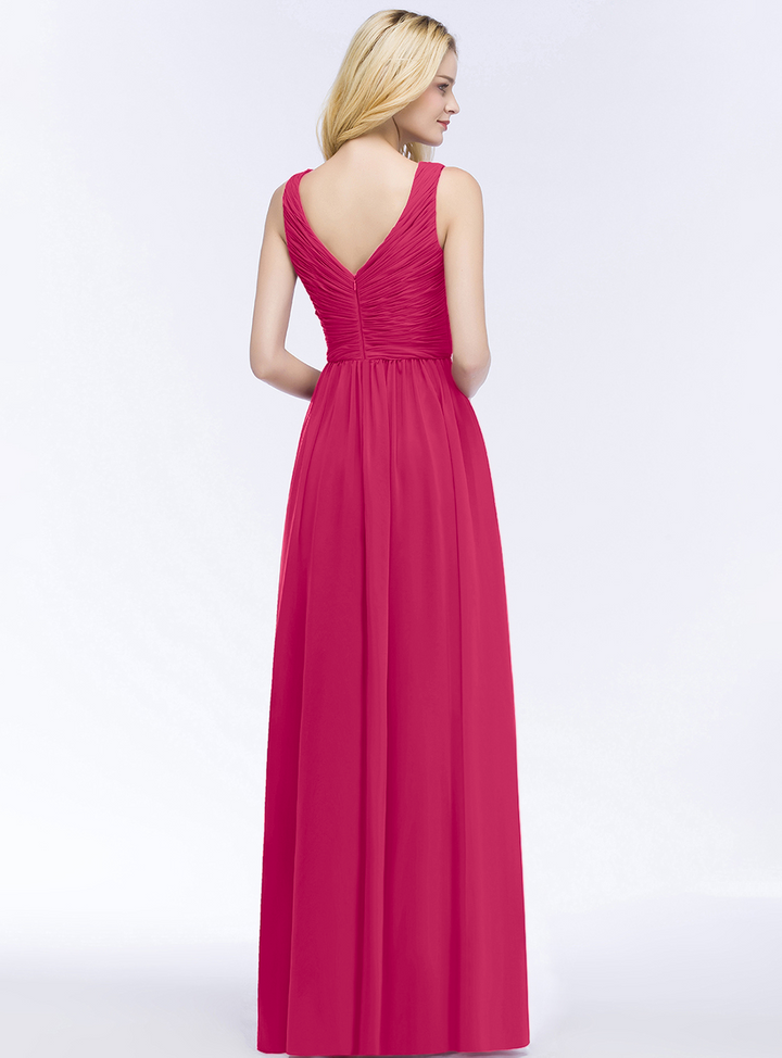 A-line V-Neck Ruched Chiffon Floor-Length Dress Burgundy-koscy