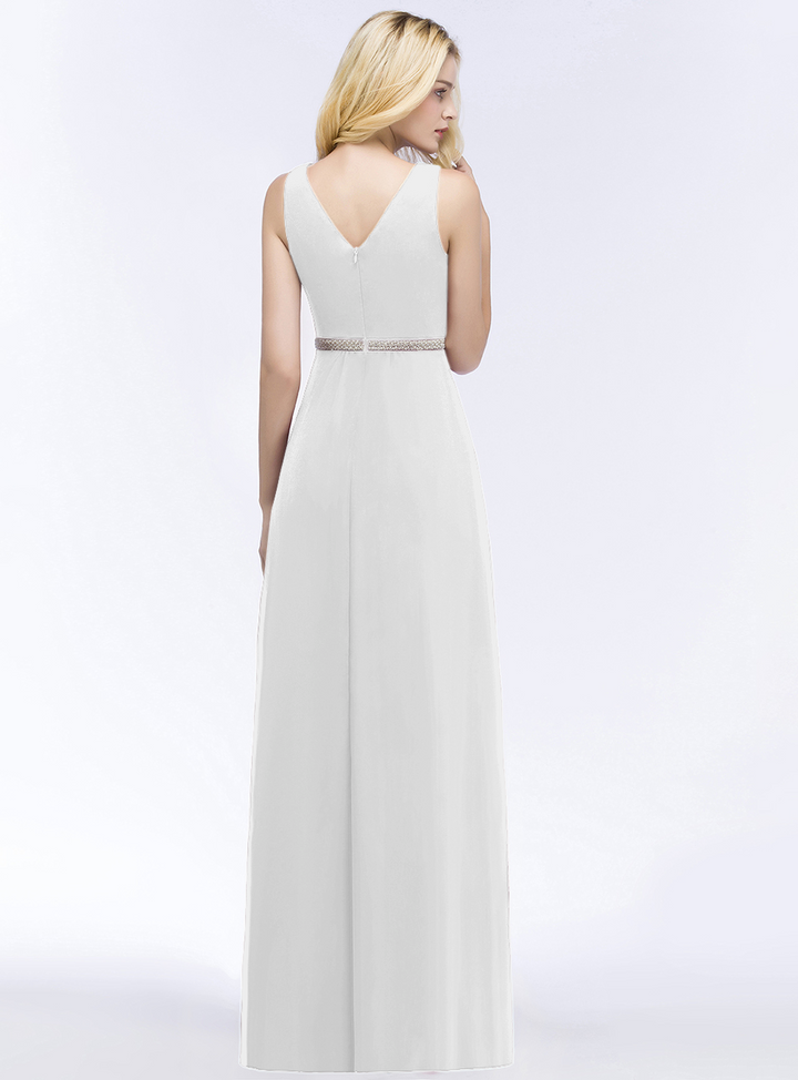 A-line V-Neck Ruched Chiffon Floor-Length Dress with Beading Sash-koscy