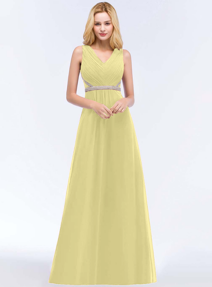 A-line V-Neck Ruched Chiffon Floor-Length Dress with Beading Sash-koscy