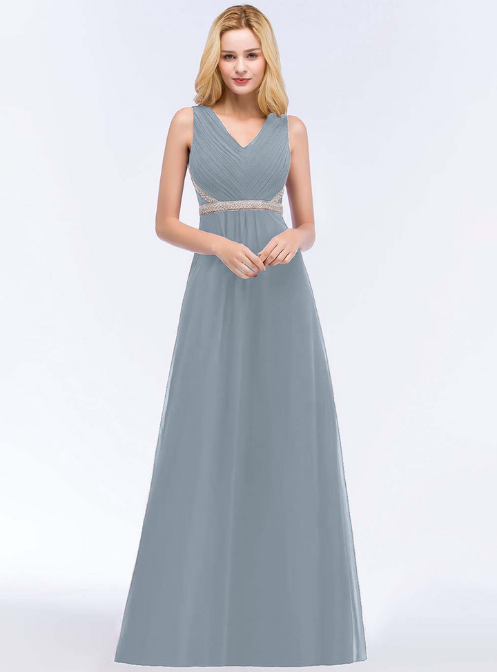 A-line V-Neck Ruched Chiffon Floor-Length Dress with Beading Sash-koscy