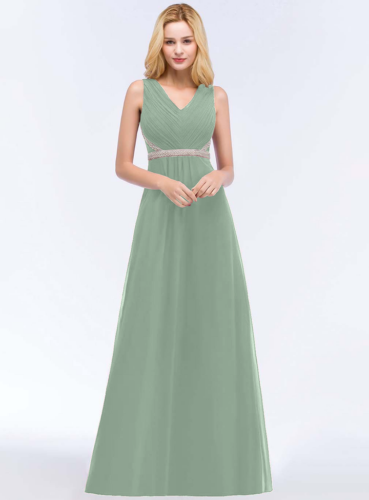 A-line V-Neck Ruched Chiffon Floor-Length Dress with Beading Sash-koscy