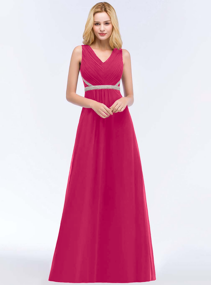 A-line V-Neck Ruched Chiffon Floor-Length Dress with Beading Sash-koscy