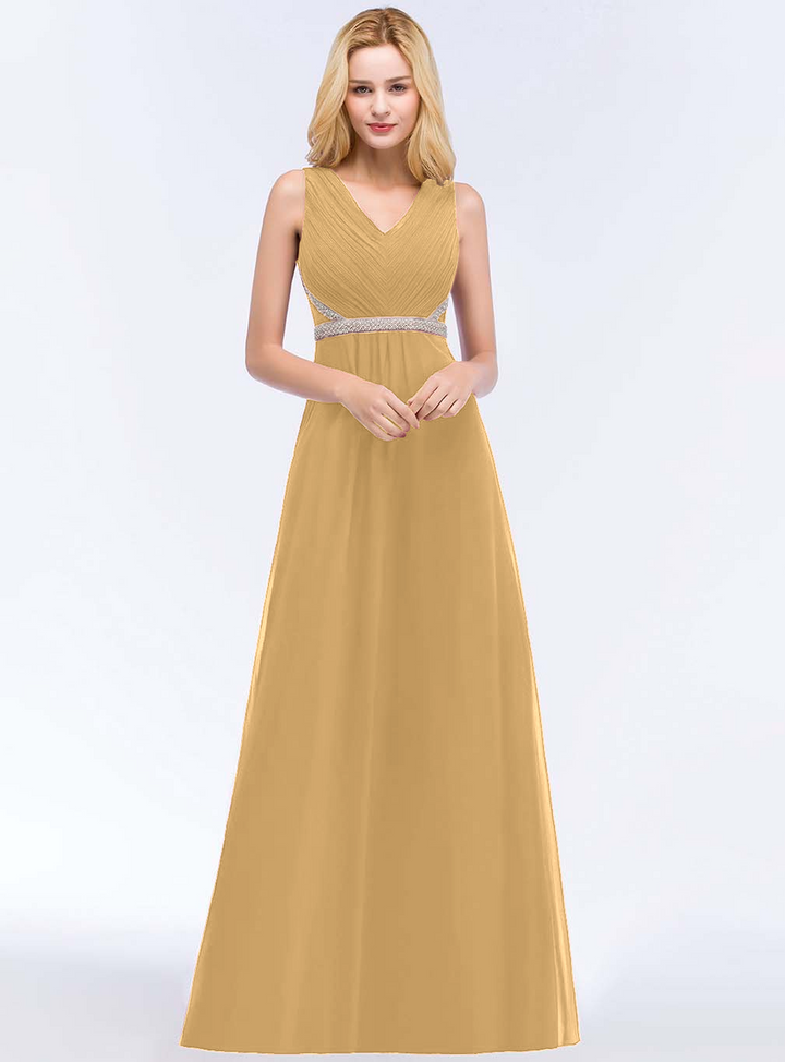 A-line V-Neck Ruched Chiffon Floor-Length Dress with Beading Sash-koscy