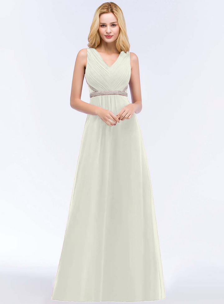 A-line V-Neck Ruched Chiffon Floor-Length Dress with Beading Sash-koscy