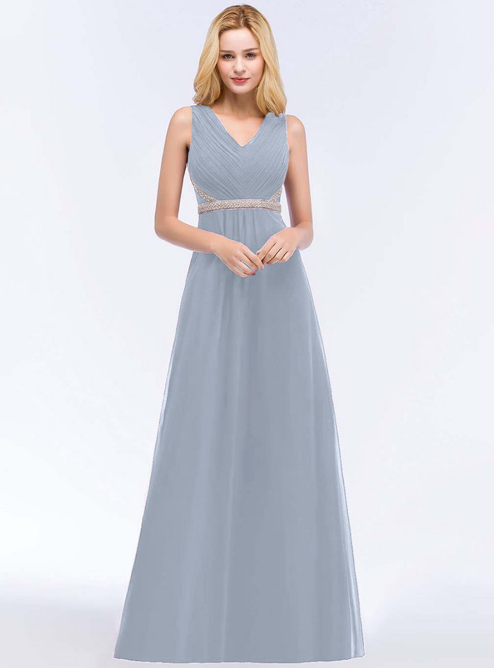 A-line V-Neck Ruched Chiffon Floor-Length Dress with Beading Sash-koscy