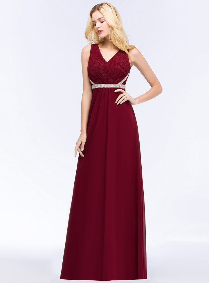 A-line V-Neck Ruched Chiffon Floor-Length Dress with Beading Sash-koscy