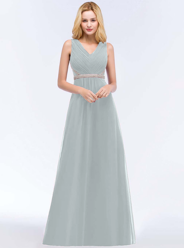 A-line V-Neck Ruched Chiffon Floor-Length Dress with Beading Sash-koscy