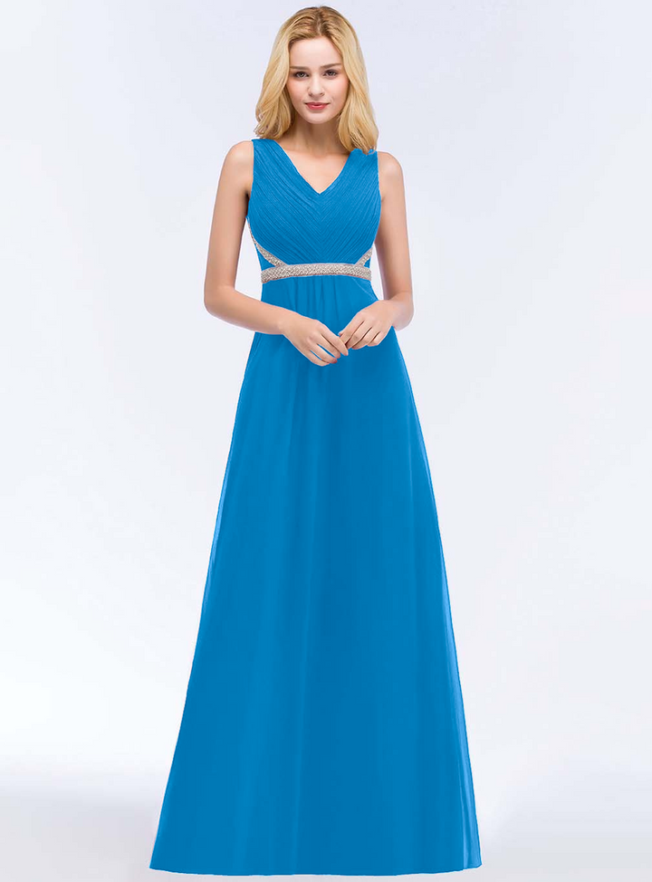 A-line V-Neck Ruched Chiffon Floor-Length Dress with Beading Sash-koscy