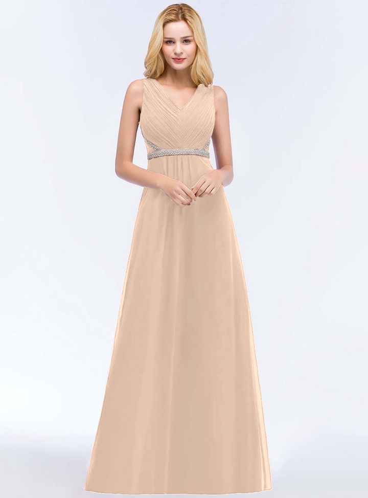 A-line V-Neck Ruched Chiffon Floor-Length Dress with Beading Sash-koscy