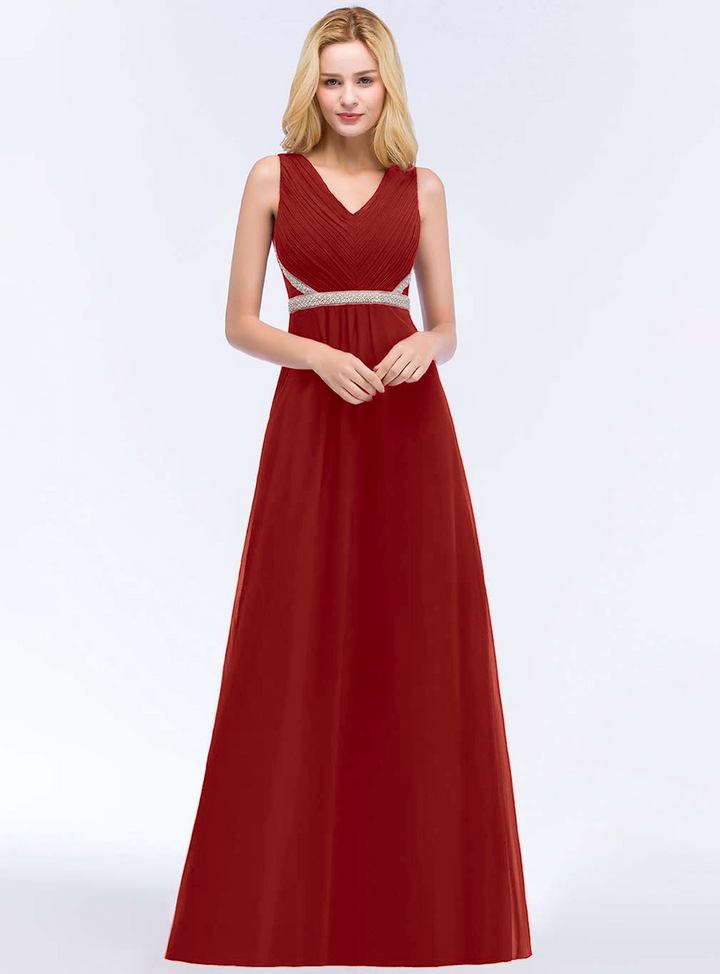 A-line V-Neck Ruched Chiffon Floor-Length Dress with Beading Sash-koscy