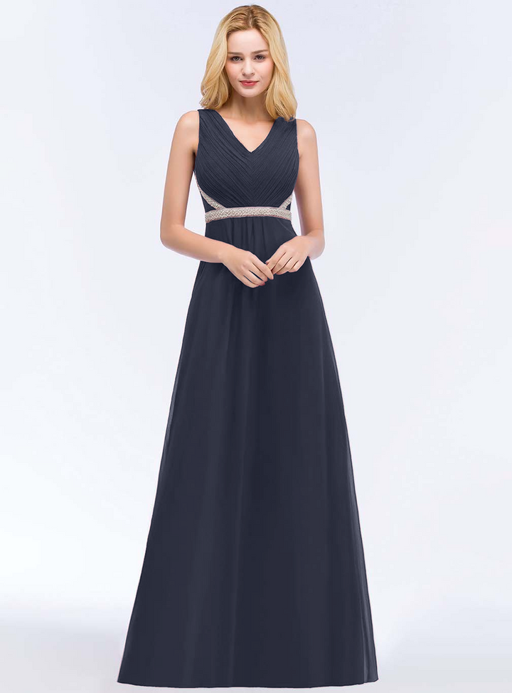 A-line V-Neck Ruched Chiffon Floor-Length Dress with Beading Sash-koscy