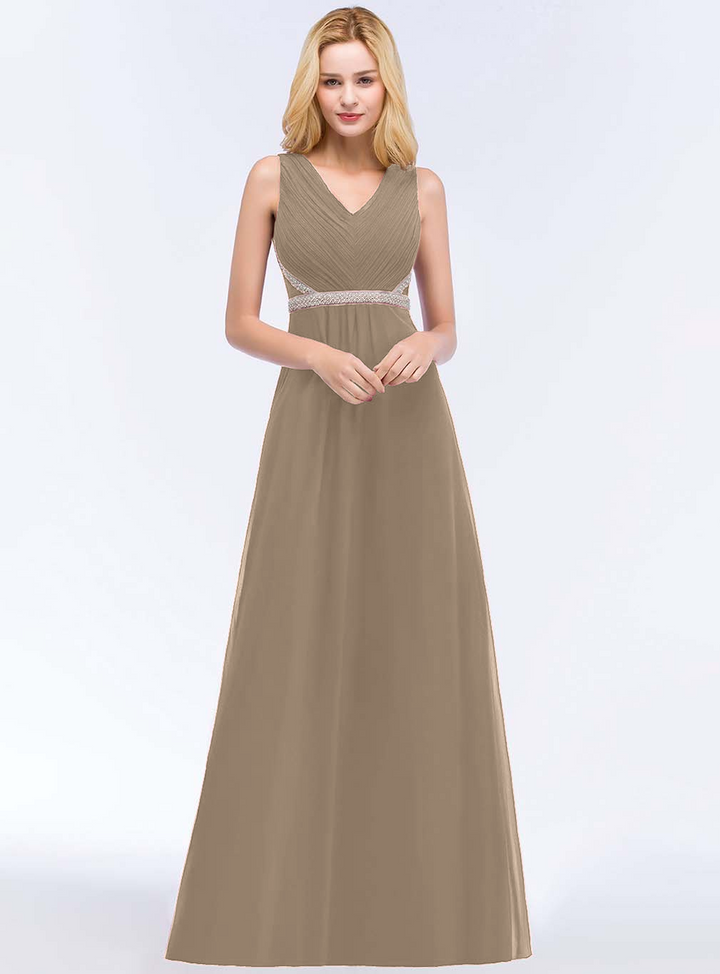 A-line V-Neck Ruched Chiffon Floor-Length Dress with Beading Sash-koscy