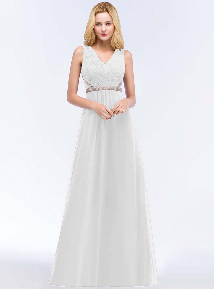 A-line V-Neck Ruched Chiffon Floor-Length Dress with Beading Sash-koscy