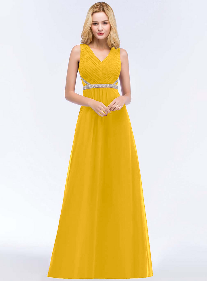 A-line V-Neck Ruched Chiffon Floor-Length Dress with Beading Sash-koscy