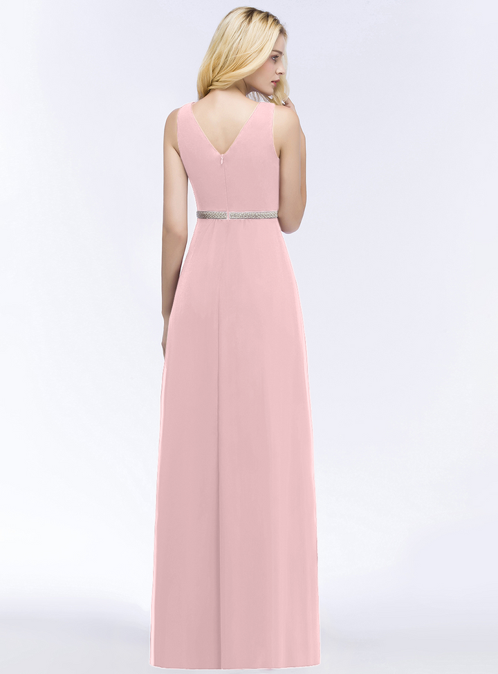 A-line V-Neck Ruched Chiffon Floor-Length Dress with Beading Sash-koscy