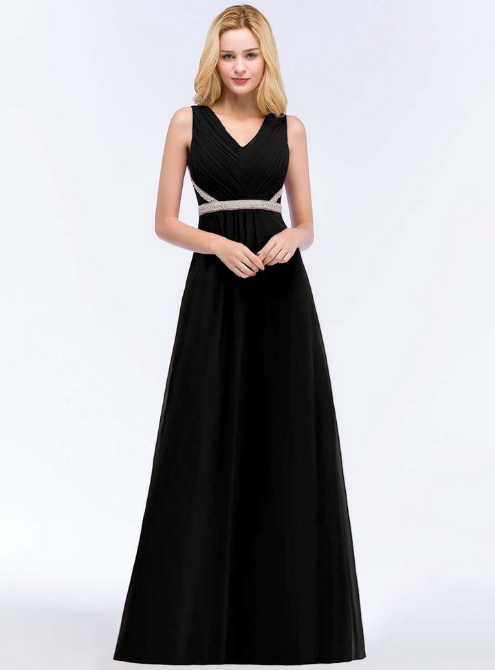 A-line V-Neck Ruched Chiffon Floor-Length Dress with Beading Sash-koscy