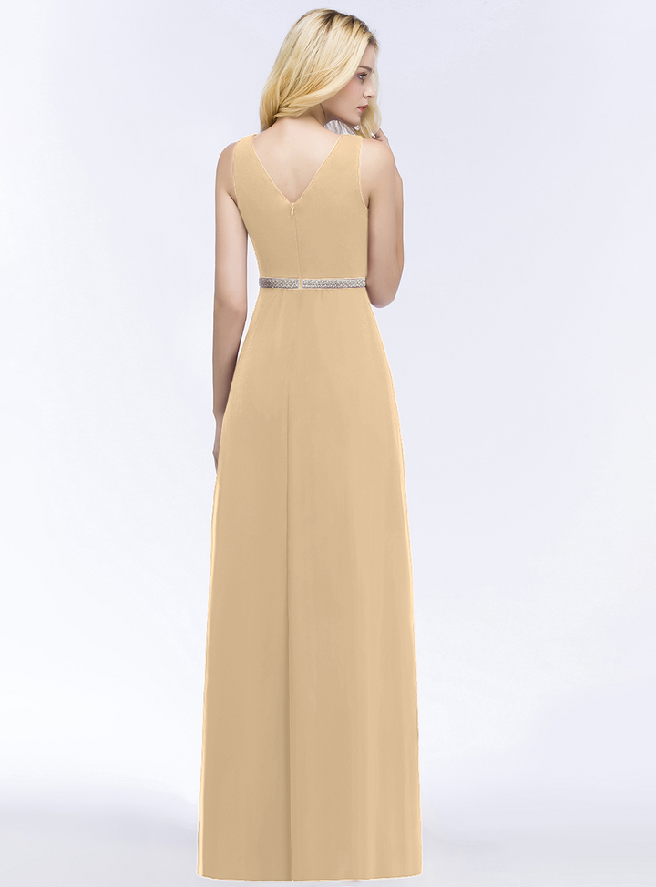 A-line V-Neck Ruched Chiffon Floor-Length Dress with Beading Sash-koscy