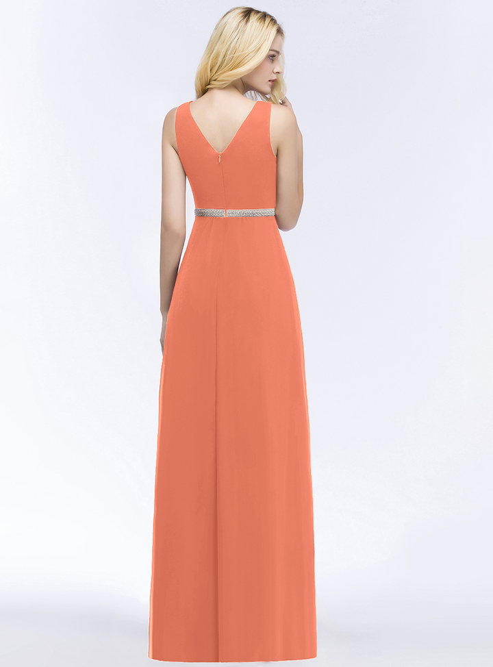 A-line V-Neck Ruched Chiffon Floor-Length Dress with Beading Sash-koscy