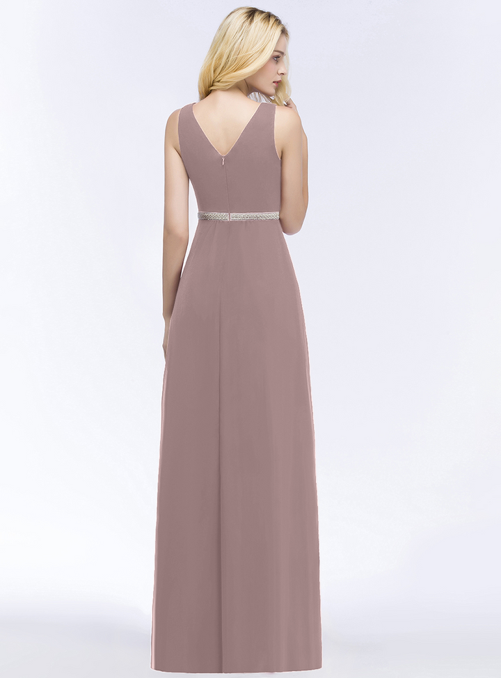 A-line V-Neck Ruched Chiffon Floor-Length Dress with Beading Sash-koscy