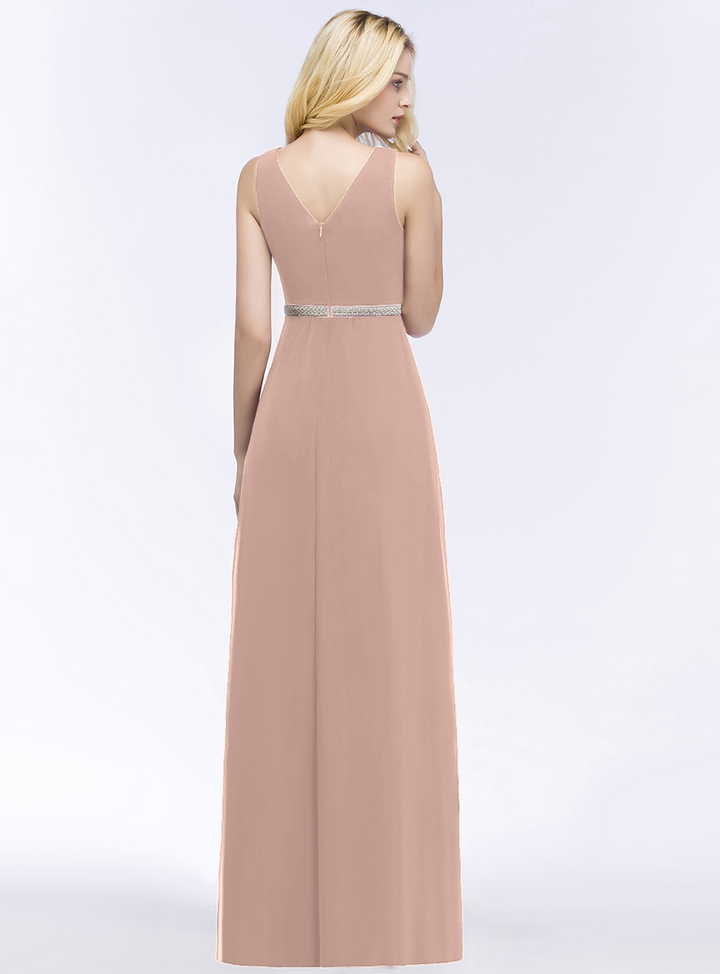 A-line V-Neck Ruched Chiffon Floor-Length Dress with Beading Sash-koscy