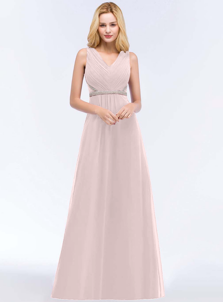 A-line V-Neck Ruched Chiffon Floor-Length Dress with Beading Sash-koscy