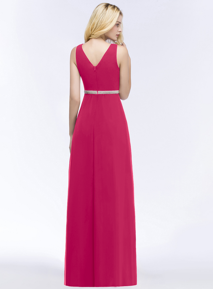 A-line V-Neck Ruched Chiffon Floor-Length Dress with Beading Sash-koscy