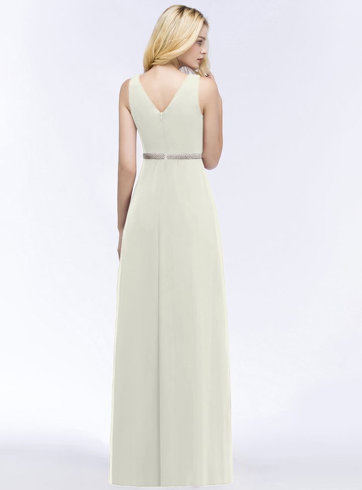 A-line V-Neck Ruched Chiffon Floor-Length Dress with Beading Sash-koscy