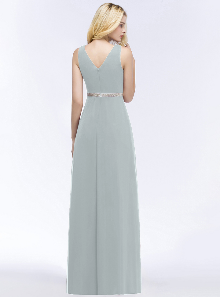 A-line V-Neck Ruched Chiffon Floor-Length Dress with Beading Sash-koscy