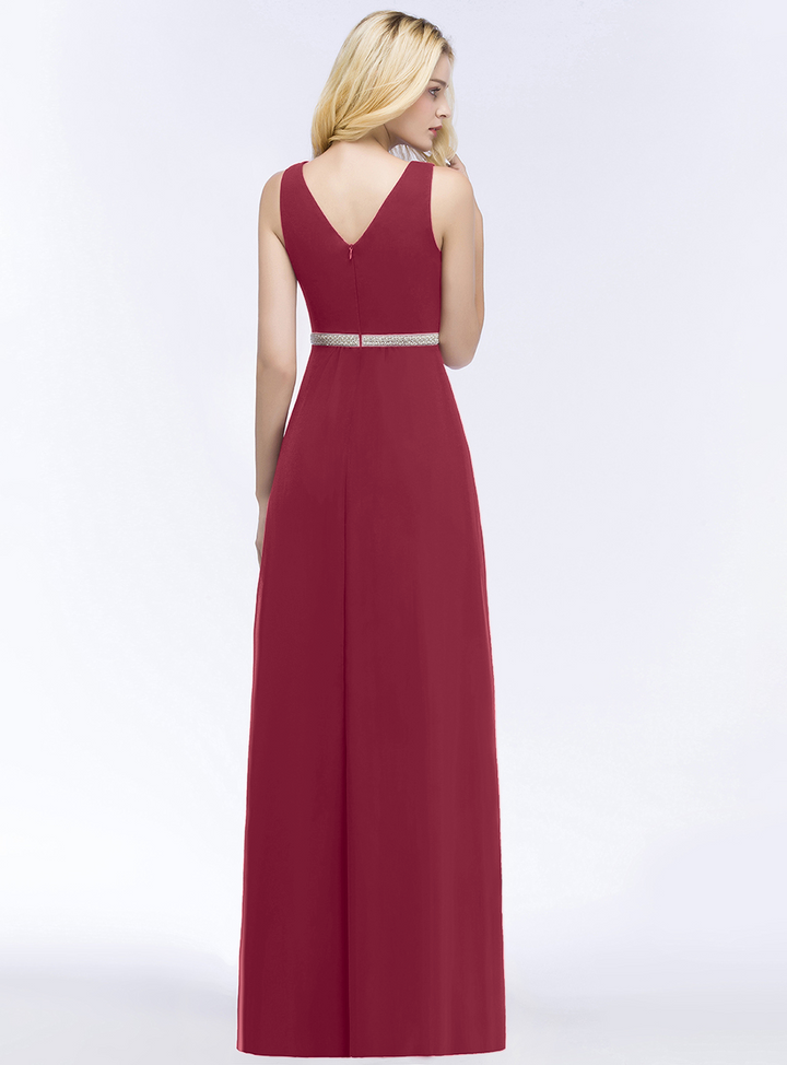 A-line V-Neck Ruched Chiffon Floor-Length Dress with Beading Sash-koscy