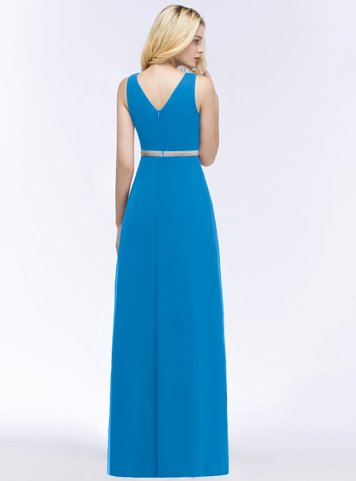 A-line V-Neck Ruched Chiffon Floor-Length Dress with Beading Sash-koscy